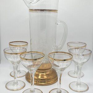 Vintage 60s MCM Glass Pitcher Brass Bottom With 6 Coupe Glasses W/ Gold Trim